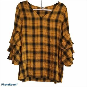 Cato EST 1946 Plaid Ruffle Bell Sleeve Tunic Top